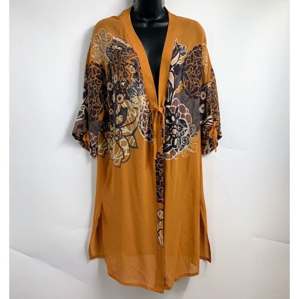 Lea Gottlieb Women's Floral Tie Front Floral 3/4 Sleeve Kimono Size S